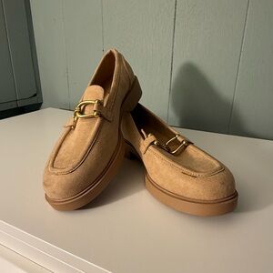 Chic Beige Suede Loafers with Gold Accent
